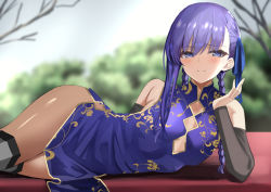 Rule 34 | 1girl, alternate costume, alternate hairstyle, bare shoulders, black sleeves, blue ribbon, blurry, blurry background, blush, braid, breasts, china dress, chinese clothes, closed mouth, clothing cutout, commentary request, detached sleeves, dress, fate/extra, fate/extra ccc, fate/grand order, fate (series), hair ribbon, kesoshirou, light smile, long hair, looking at viewer, lying, meltryllis (fate), pantyhose, pelvic curtain, purple dress, purple eyes, purple hair, ribbon, short dress, side slit, small breasts, smile, solo, thighs