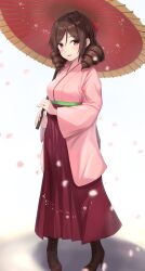 Rule 34 | 1girl, blush, boots, brown footwear, brown hair, commission, cross-laced footwear, drill hair, hair ribbon, hakama, harukaze (kancolle), high heel boots, high heels, highres, holding, holding umbrella, japanese clothes, kantai collection, kimono, long sleeves, meiji schoolgirl uniform, monoku, oil-paper umbrella, open mouth, pink kimono, red eyes, red hakama, red ribbon, red umbrella, ribbon, short hair, skeb commission, smile, solo, umbrella, wide sleeves
