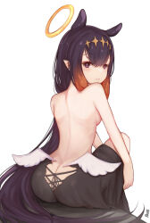 Rule 34 | 1girl, artist name, ass, back, black dress, blush, breasts, butt crack, dress, hair ornament, halo, hololive, hololive english, long hair, ninomae ina&#039;nis, nui gurumi, partially undressed, pointy ears, purple eyes, purple hair, simple background, sitting, small breasts, solo, tagme, very long hair, virtual youtuber, white background