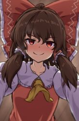 Rule 34 | 1girl, absurdres, ascot, assertive female, backlighting, blush, bow, breasts, brown hair, commentary, detached sleeves, frilled shirt collar, frills, from below, gradient background, grey background, hair bow, hair tubes, hakurei reimu, highres, long hair, long sleeves, looking at viewer, pov, red bow, red eyes, red vest, simple background, small breasts, smile, solo, touhou, upper body, v-shaped eyebrows, vest, yellow ascot, yosshy