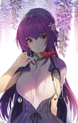 Rule 34 | 1girl, beret, blush, breasts, damda, dress, fate/grand order, fate (series), food, hair between eyes, hair intakes, hat, heroic spirit chaldea park outfit, jacket, jacket on shoulders, large breasts, long hair, looking at viewer, parted lips, popsicle, purple dress, purple hair, purple jacket, red eyes, scathach (fate), scathach skadi (fate), scathach skadi (festival outfit) (fate), stethoscope, watermelon bar