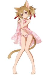 Rule 34 | 1girl, animal ears, barefoot, bikini, blush, bow, brown hair, cat ears, cat tail, feet, floral print, full body, hair between eyes, hair ribbon, head tilt, long hair, looking at viewer, pink bikini, pink bow, print bikini, red eyes, red ribbon, ribbon, see-through silhouette, silica, silica (sao-alo), simple background, smile, solo, standing, swimsuit, sword art online, tail, twintails, white background