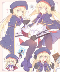 Rule 34 | 1girl, artoria caster (fate), artoria caster (second ascension) (fate), artoria pendragon (fate), beret, black gloves, black pantyhose, blonde hair, bow, candy, chibi, chocolate, chocolate bar, cloak, cup, drooling, fate/grand order, fate (series), food, gloves, green eyes, hat, highres, pantyhose, saipaco, smile, spoken squiggle, squiggle, staff, steam, twintails, wavy mouth