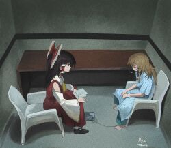 Rule 34 | 2girls, absurdres, ankle cuffs, artist name, bare shoulders, blonde hair, bow, braid, brown hair, dress, from above, from side, full body, hair ribbon, hair tubes, hakurei reimu, highres, holding, holding paper, hospital gown, indoors, interrogation, kirisame marisa, long sleeves, looking at another, monobloc (chair), multiple girls, nikolas cruz interrogation (meme), no headwear, nyztsune, paper, profile, real life, red dress, red skirt, ribbon, room, sarashi, sitting, skirt, touhou, tress ribbon, wide sleeves, ze (phrase)