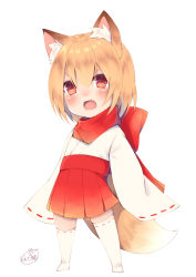 Rule 34 | 1girl, animal ear fluff, animal ears, blonde hair, blush, child, chita (ketchup), commentary request, fangs, fox ears, fox girl, fox tail, full body, hair between eyes, hakama, hakama skirt, highres, japanese clothes, kimono, legs apart, looking at viewer, open mouth, original, red eyes, red hakama, red scarf, ribbon-trimmed legwear, ribbon-trimmed sleeves, ribbon trim, scarf, short hair, simple background, skirt, sleeves past wrists, solo, standing, tail, thick eyebrows, thighhighs, white background, white kimono, white thighhighs, wide sleeves