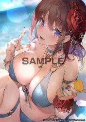 Rule 34 | 1girl, :d, armlet, ball, bare shoulders, beach, beachball, bikini, blue sky, blush, bracelet, breasts, brown hair, choker, cleavage, day, flower, hair between eyes, hair flower, hair ornament, jewelry, large breasts, lens flare, long hair, looking at viewer, lotion, mimoza (96mimo414), multicolored hair, nail polish, navel, necklace, o-ring, o-ring bikini, ocean, open mouth, original, outdoors, purple eyes, red scrunchie, sample watermark, sand, scrunchie, shore, sitting, sky, smile, solo, strap pull, streaked hair, sunscreen, sweat, swimsuit, thigh strap, water, watermark, wrist scrunchie