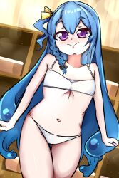 Rule 34 | 1girl, belly, blue hair, blush, blush stickers, bow, bra, breasts, closed mouth, commission, cupboard, denyel, flat chest, hair ribbon, highres, knee up, knees up, long hair, looking at viewer, monster girl, navel, panties, purple eyes, ribbon, slime girl, small breasts, solo, thighs, underwear, underwear only, v&amp;u entertainment, virtual youtuber, white bra, white panties, zeli zuimu
