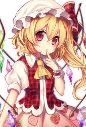 Rule 34 | 1girl, adapted costume, ascot, blonde hair, blush, bow, finger to mouth, flandre scarlet, food print, hair between eyes, hat, hat bow, kyouda suzuka, long hair, looking at viewer, mob cap, pink skirt, plaid, plaid bow, plaid vest, red bow, red eyes, side ponytail, simple background, skirt, solo, strawberry print, touhou, upper body, vest, white background, white hat, wings