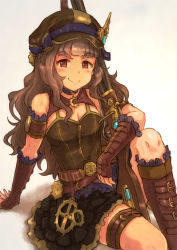 Rule 34 | 1girl, arm support, black skirt, blunt bangs, boots, bow, breasts, brown footwear, brown gloves, brown hair, brown hat, choker, cleavage, closed mouth, elbow gloves, fingerless gloves, frilled footwear, frilled gloves, frills, gloves, gun, hat, hat bow, holding, holding gun, holding weapon, idolmaster, idolmaster cinderella girls, kamiya nao, knee boots, layered skirt, leaning back, long hair, looking at viewer, medium breasts, miniskirt, purple bow, red eyes, rifle, satomura kyou, sitting, skirt, smile, solo, thigh strap, very long hair, weapon, white background, zipper