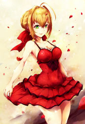 Rule 34 | ahoge, bare shoulders, blonde hair, bow, breasts, cleavage, dress, falling petals, fate (series), green eyes, hair bow, hair intakes, highres, large breasts, mayonaka taruho, nero claudius (fate), nero claudius (fate) (all), petals, red bow, red dress, short dress, smile, strap, thighs