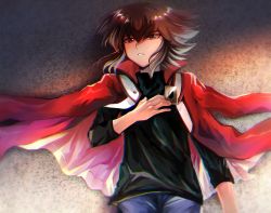 Rule 34 | 1boy, black shirt, blue pants, brown eyes, brown hair, card, duel academy uniform (yu-gi-oh! gx), from above, hair between eyes, holding, holding card, jacket, long sleeves, lying, male focus, on back, open clothes, open jacket, pants, parted lips, red jacket, shirt, sk816, solo, standing, yu-gi-oh!, yu-gi-oh! gx, yuki judai