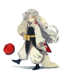 Rule 34 | 1boy, baggy pants, ball, black legwear, child, clenched hand, closed mouth, crescent, facial mark, full body, fur, highres, inuyasha, leg up, long hair, long sleeves, looking at viewer, male focus, mgmg 1012, pants, pointy ears, sesshoumaru, shadow, simple background, slit pupils, solo, standing, standing on one leg, white background, white hair, white pants, wide sleeves, yellow eyes