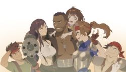 Rule 34 | 3boys, 3girls, :d, amputee, armor, bandana, barret wallace, beard, biggs (ff7), black hair, black skirt, blouse, breastplate, brown eyes, brown hair, cat, covered collarbone, crop top, earrings, elbow gloves, facial hair, father and daughter, final fantasy, final fantasy vii, final fantasy vii remake, fingerless gloves, gloves, goku-chan, green shirt, grin, headband, highres, jessie rasberry, jewelry, long hair, marlene wallace, midriff, multiple boys, multiple girls, muscular, muscular male, open mouth, ponytail, prosthesis, prosthetic arm, prosthetic weapon, red eyes, shirt, skirt, smile, square enix, suspender skirt, suspenders, t-shirt, tank top, teeth, tifa lockhart, twitter username, upper body, upper teeth only, wedge (ff7), white cat, white tank top