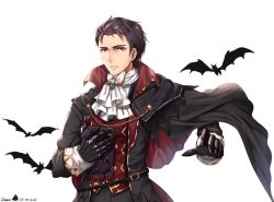 Rule 34 | 1boy, bad id, bad twitter id, bat (animal), black hair, dracula, european clothes, fangs, fangs out, fire emblem, fire emblem: thracia 776, fire emblem heroes, gloves, looking at viewer, male focus, nintendo, reinhardt (fire emblem), short hair, simple background, solo, wani (fadgrith)
