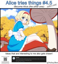 1girl alice_(alice_in_wonderland) alice_(alice_in_wonderland)_(cosplay) alice_in_wonderland alice_margatroid alternate_costume apron autumn_leaves blonde_hair blue_dress blue_eyes blue_sky blush bnelsey boots brown_boots cloud commentary cosplay day dress english_commentary english_text giant_mushroom hairband leaf mushroom open_mouth outdoors puffy_short_sleeves puffy_sleeves qr_code red_hairband request_inset screenshot_inset short_sleeves sitting sky solo touhou twitter_username white_apron