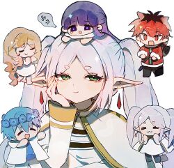 Rule 34 | 2boys, 3girls, axe, azhiichigo, black hair, blue hair, blunt bangs, brown hair, capelet, chibi, chinese commentary, chinese text, cloak, closed mouth, commentary request, earrings, elf, fern (sousou no frieren), frieren, gold trim, green eyes, half-closed eyes, head wreath, highres, himmel (sousou no frieren), jewelry, long hair, long pointy ears, long sleeves, looking at viewer, methode (sousou no frieren), multicolored hair, multiple boys, multiple girls, parted bangs, pointy ears, purple eyes, purple hair, red eyes, red hair, short hair, simple background, smile, sousou no frieren, speech bubble, stark (sousou no frieren), translation request, twintails, two-tone hair, upper body, weapon, weapon on back, white background, white capelet, white cloak, white hair