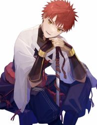 Rule 34 | 1boy, bad id, bad twitter id, cowboy shot, elbows on knees, emiya shirou, fate/grand order, fate (series), head tilt, highres, interlocked fingers, kikageee, looking at viewer, male focus, nagatekkou, open mouth, planted, planted sword, planted weapon, red hair, senji muramasa (fate), senji muramasa (second ascension) (fate), simple background, sitting, solo, sword, weapon, white background, wide sleeves, yellow eyes