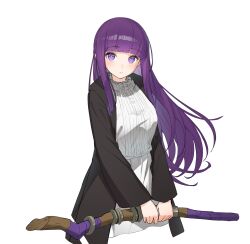 Rule 34 | 1girl, absurdres, black jacket, blunt bangs, blush, closed mouth, fern (sousou no frieren), hair between eyes, highres, holding, jacket, long hair, long sleeves, looking at viewer, mo (mo80 rr), purple eyes, purple hair, simple background, sousou no frieren, standing, white background