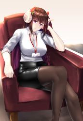 Rule 34 | 1girl, absurdres, alternate costume, armchair, azur lane, black pantyhose, black skirt, blush, breasts, brown hair, chair, closed mouth, crossed legs, feet out of frame, flower, hair flower, hair ornament, hand on another&#039;s head, hand on own head, head rest, highres, horns, id card, irkawaza, large breasts, lips, long hair, looking at viewer, office lady, pantyhose, pencil skirt, purple eyes, shirt, simple background, sitting, skirt, smile, solo, suruga (azur lane), white shirt