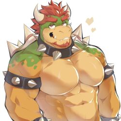 Rule 34 | 1boy, bara, beard, bowser, colored skin, facial hair, furry, furry male, fwflunky, heart, highres, horns, looking at viewer, male focus, mario (series), muscular, muscular male, navel, nintendo, no nipples, pectorals, red eyes, red hair, sharp teeth, simple background, solo, teeth, upper body, white background, yellow skin