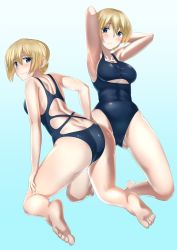 Rule 34 | 10s, 1girl, :/, abs, absurdres, armpits, arms behind head, ass, bad id, bad pixiv id, blonde hair, blue background, blue eyes, blush, breasts, butt crack, cleavage, clothing cutout, competition swimsuit, darjeeling (girls und panzer), girls und panzer, highres, kneeling, large breasts, multiple views, one-piece swimsuit, orange (sal1014), sideboob, swimsuit, thighs, underboob, underboob cutout, wet
