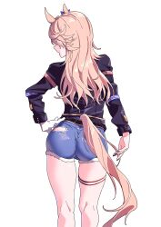 Rule 34 | 1girl, absurdres, animal ears, ass, belt, black belt, black jacket, blonde hair, blue bow, bow, clothing cutout, commentary, denim, denim shorts, ear bow, feet out of frame, from behind, gold city (umamusume), hand on own hip, highres, horse ears, horse girl, horse tail, jacket, kneepits, long hair, long sleeves, sarabure, shorts, simple background, solo, studded belt, tail, tail through clothes, thigh strap, umamusume, white background