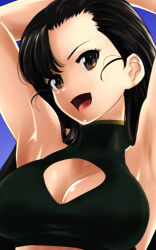 Rule 34 | 1girl, armpits, arms behind head, arms up, asymmetrical bangs, bikini, black bikini, black hair, blue background, breasts, brown eyes, cleavage cutout, clothing cutout, commentary request, girls und panzer, halterneck, head tilt, highres, large breasts, long hair, looking at viewer, nishi kinuyo, open mouth, partial commentary, smile, solo, straight hair, swimsuit, upper body, yoyokkun