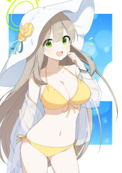 Rule 34 | 1girl, bikini, blue archive, bracelet, breasts, flower, front-tie bikini top, front-tie top, green eyes, green hair, halo, hat, hat flower, jewelry, large breasts, nonomi (blue archive), nonomi (swimsuit) (blue archive), norang doryeong, official alternate costume, open clothes, open shirt, see-through, see-through shirt, side-tie bikini bottom, sun hat, swimsuit, white headwear, yellow bikini
