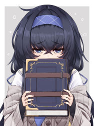 Rule 34 | 1girl, black hair, blue archive, blue eyes, blue hairband, blue neckerchief, blush, book, breasts, cardigan, covering own mouth, crossed bangs, grey cardigan, hairband, hayama kazusa, highres, long hair, long sleeves, looking at viewer, low twintails, neckerchief, sailor collar, school uniform, serafuku, shy, sleeves past wrists, solo, twintails, ui (blue archive), white sailor collar