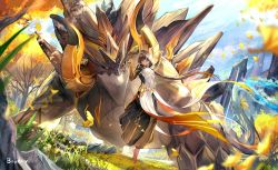 Rule 34 | 1boy, alternate costume, arm tattoo, azhdaha (genshin impact), baggy pants, bare shoulders, barefoot, blurry, blurry foreground, border0715, brown hair, closed mouth, cloud, cloudy sky, coat, commentary request, day, dragon horns, falling leaves, floating, full body, genshin impact, ginkgo leaf, gradient hair, grass, hair between eyes, highres, hood, hood up, hooded coat, horns, leaf, long hair, looking at another, male focus, mountain, multicolored hair, orange hair, outdoors, pants, ponytail, rock, sky, sleeveless, smile, tattoo, tree, white coat, yellow eyes, zhongli (archon) (genshin impact), zhongli (genshin impact)