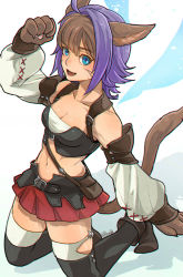 Rule 34 | ahoge, animal ears, animal hands, aqua eyes, belt, belt buckle, black legwear, blue wings, boots, breasts, brown footwear, brown hair, buckle, cat ears, cat girl, cat tail, cleavage, cosplay, detached sleeves, dyed bangs, echo (mff), facepaint, fang, final fantasy, final fantasy xiv, kneeling, looking at viewer, medium breasts, miniskirt, miqo&#039;te, miqo&#039;te (cosplay), mobius final fantasy, multicolored hair, navel, open mouth, payu (pyms11), pleated skirt, pouch, purple hair, red skirt, shadow, signature, simple background, skirt, stitches, tail, thighhighs, two-tone hair, wings, zettai ryouiki