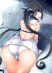 Rule 34 | 1girl, all fours, arm ribbon, ass, bare shoulders, black hair, blue eyes, blue ribbon, blush, cameltoe, commentary request, dress, dungeon ni deai wo motomeru no wa machigatteiru darou ka, elbow gloves, from behind, gloves, hair ornament, hair ribbon, hestia (danmachi), highres, long hair, looking at viewer, looking back, open mouth, panties, rakujin, rei no himo, ribbon, shiny skin, short dress, smile, solo, thighs, twintails, underwear, white dress, white gloves, white panties