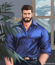 Rule 34 | 1boy, absurdres, akunaakun (kunkun586586), bara, brown eyes, brown hair, collared shirt, cowboy shot, earrings, eyebrow cut, highres, indoors, jewelry, large pectorals, light smile, looking to the side, male focus, mature male, muscular, muscular male, original, pectorals, shirt, short hair, single earring, solo, straight-on, thick eyebrows