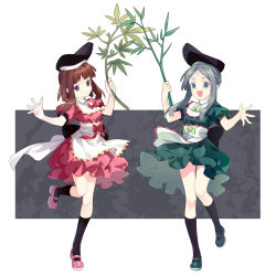 Rule 34 | 2girls, apron, bamboo, black socks, blue eyes, bow, bowtie, brown hair, dress, frilled skirt, frills, green dress, green footwear, grey background, grey hair, hand up, hat, high collar, highres, holding, holding plant, kneehighs, long hair, looking at viewer, mary janes, multiple girls, myouga (plant), nishida satono, open hand, open mouth, pink dress, pink footwear, plant, puffy short sleeves, puffy sleeves, red bow, shayuheisi, shoes, short sleeves, sidelocks, skirt, smile, socks, standing, standing on one leg, tate eboshi, teireida mai, touhou, two-tone background, waist apron, white background, yellow bow