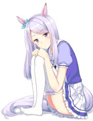 Rule 34 | 1girl, animal ears, bad id, bad pixiv id, blush, closed mouth, commentary request, full body, hands on own knees, head tilt, highres, horse ears, horse girl, horse tail, long hair, looking at viewer, mejiro mcqueen (umamusume), no shoes, pleated skirt, puffy short sleeves, puffy sleeves, purple eyes, purple hair, purple shirt, reina (leinqchqn), school uniform, shirt, short sleeves, sitting, skirt, solo, tail, thighhighs, umamusume, white background, white skirt, white thighhighs