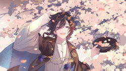 Rule 34 | 1boy, ;d, absurdres, arm up, black cape, black hair, black hat, cape, cherry blossoms, commentary, congratulations, dress shirt, falling petals, floral print, grey kimono, hair between eyes, hair ornament, hairclip, hat, highres, holding, holding clothes, holding hat, holostars, japanese clothes, kanade izuru, kimono, lapels, lightning bolt, lightning bolt hair ornament, lightning bolt symbol, looking at viewer, male focus, np.bear, official alternate costume, one eye closed, open mouth, petals, purple eyes, shirt, short hair, shosei, skull print, smile, solo, striped clothes, striped kimono, symbol-only commentary, tassel, unworn hat, unworn headwear, upper body, virtual youtuber, white shirt