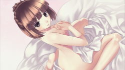 Rule 34 | 1girl, agarest senki, agarest senki (series), agarest senki 2, back, barefoot, bed sheet, braid, breasts, brown eyes, brown hair, covering privates, dutch angle, french braid, game cg, gradient background, grey eyes, hirano katsuyuki, indoors, liel (agarest senki), looking at viewer, looking back, naked sheet, nude, nude cover, official art, own hands clasped, own hands together, short hair, sitting, small breasts, smile, soles, solo, wariza