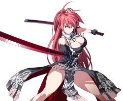 Rule 34 | 1girl, absurdres, breasts, cleavage, dress, gloves, highres, holding, holding sword, holding weapon, ignis, jingai makyou, large breasts, long hair, oggy (oggyoggy), red hair, solo, sword, transparent background, weapon