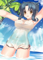 Rule 34 | 1girl, animal ears, aquaplus, arms up, atuy, bare arms, bare legs, bare shoulders, blue hair, blue sky, blush, breasts, cameltoe, cleavage, cleavage cutout, clothing cutout, cloud, cloudy sky, collarbone, covered erect nipples, cowboy shot, from below, gradient eyes, highres, in water, large breasts, light rays, looking at viewer, mizuse yuu, multicolored eyes, nipples, ocean, open mouth, orange eyes, outdoors, outstretched arms, palm tree, parted bangs, raised eyebrows, see-through, short hair with long locks, sidelocks, sky, sleeveless, solo, spread arms, standing, sunlight, swimsuit, thick thighs, thighs, toned, toned female, tree, utawarerumono, utawarerumono: itsuwari no kamen, water, water drop, wet, wet clothes
