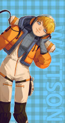 Rule 34 | 1girl, animification, apex legends, blonde hair, blue bodysuit, blue eyes, blue gloves, bodysuit, character name, commentary, facial scar, gloves, highres, hood, hood down, hood up, hooded bodysuit, hooded jacket, jacket, knee pads, leaning to the side, namjak, orange jacket, ribbed bodysuit, scar, scar on cheek, scar on face, smile, solo, symbol-only commentary, wattson (apex legends), white bodysuit