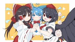 Rule 34 | 3girls, ahoge, ascot, belt, bird wings, black hair, blue bow, blue eyes, blue hair, blush, border, bow, breasts, brown eyes, brown hair, cirno, cirno day, collared shirt, commentary request, dress, eyes visible through hair, fairy, feathered wings, hair bow, hakurei reimu, hat, heart, heart ahoge, highres, holding hands, ice, ice wings, large breasts, long hair, long sleeves, looking at viewer, multiple girls, necktie, open mouth, pinafore dress, pom pom (clothes), puffy short sleeves, puffy sleeves, red bow, red eyes, red neckwear, red vest, ribbon-trimmed sleeves, ribbon trim, sarashi, shameimaru aya, shirt, short hair, short sleeves, simple background, sleeveless dress, tatutaniyuuto, teeth, tokin hat, touhou, upper body, upper teeth only, vest, white shirt, wide sleeves, wing collar, wings, yellow background, yellow neckwear