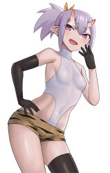 Rule 34 | 1girl, :d, animal print, asymmetrical gloves, breasts, covered navel, elbow gloves, gloves, hashi, horns, leotard, looking at viewer, oni, oni horns, open mouth, original, pink eyes, ponytail, print shorts, purple hair, shorts, single thighhigh, small breasts, smile, solo, thighhighs, tiger print, white leotard