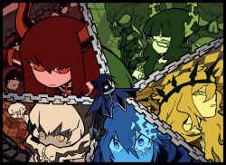 black_gold_saw black_rock_shooter black_rock_shooter_(character) blue_eyes bobobaba chain chariot_(black_rock_shooter) coat crown dead_master demon_horns flaming_eye glasses horns long_hair multiple_girls orange_eyes red_eyes skeletal_hand star_(symbol) strength_(black_rock_shooter) twintails