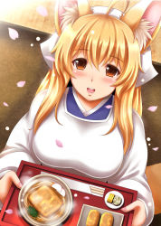 Rule 34 | 1girl, :d, ahoge, animal ears, apron, blonde hair, blush, cherry blossoms, chopsticks, food, fox ears, fox girl, fox tail, from above, head scarf, highres, holding, holding tray, inarizushi, kappougi, kitsune udon, kittan (cve27426), long hair, looking at viewer, looking up, moe2016, open mouth, original, petals, sidelocks, smile, solo, steam, steaming, sushi, tail, tray, yellow eyes