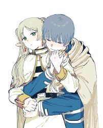 Rule 34 | 1boy, 1girl, belt, blue jacket, blush, cape, capelet, closed eyes, closed mouth, commentary request, dabln hl, dress, earrings, elf, frieren, gold trim, hetero, highres, himmel (sousou no frieren), holding hands, hug, hug from behind, jacket, jewelry, long sleeves, pointy ears, simple background, smile, sousou no frieren, upper body, white background, white cape, white capelet, white dress