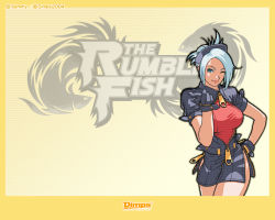 Rule 34 | 1girl, ;), alternate color, alternate costume, alternate hair color, alternate hairstyle, aqua eyes, black dress, black gloves, black hat, border, breasts, buttons, closed mouth, come hither, company name, copyright name, cowboy shot, dated, dress, folded ponytail, garnet (the rumble fish), gloves, gradient background, hand on own hip, hat, large breasts, legs, leotard, leotard under clothes, light smile, lipstick, logo, looking at viewer, makeup, messy hair, mole, mole under eye, nurse, nurse cap, official art, official wallpaper, one eye closed, open clothes, open dress, oversized zipper, pink hair, pink lips, scanlines, shadow, short dress, short hair, short sleeves, side slit, sidelocks, smile, solo, standing, the rumble fish, unzipped, white hair, yellow background, zipper, zipper pull tab