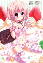 Rule 34 | 1girl, absurdres, ameto yuki, anniversary, babydoll, blush, breasts, chocolate, cleavage, dousei loverable, food, frilled thighhighs, frills, fruit, heart, highres, himeno tsuhumi, icing, loverable, mini person, minigirl, navel, nipples, panties, pink eyes, pink hair, pink panties, pink thighhighs, see-through, sitting, smile, strawberry, striped clothes, striped panties, striped thighhighs, thighhighs, underwear, wariza, white panties, white thighhighs
