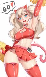 1girl :d animal_ear_hairband animal_ears anisdrawn aqua_eyes arm_up armpits bell blonde_hair blush breasts cat_ear_hairband cat_ears cat_tail cheerleader choker cleavage cleavage_cutout clothing_cutout commentary cowboy_shot crop_top english_commentary fake_animal_ears fake_tail hairband highres holding holding_pom_poms large_breasts long_hair looking_at_viewer midriff miniskirt morgana_(persona_5) navel neck_bell open_mouth panties persona persona_5 pink_panties pleated_skirt pom_pom_(cheerleading) pom_poms red_choker red_skirt red_thighhighs side-tie_panties skirt smile solo speech_bubble standing stomach tail takamaki_anne thighhighs thighs twintails underwear