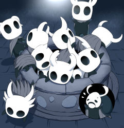 Rule 34 | 6+others, arizuka (catacombe), blue theme, climbing, cloak, commentary, elderbug, flying sweatdrops, highres, hollow knight, horns, knight (hollow knight), looking at viewer, mask, multiple others, no humans, standing, sweatdrop, well