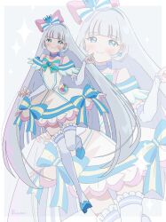 Rule 34 | 1girl, absurdres, aqua bow, aqua bowtie, artist name, blue choker, blue crown, blue eyes, blue footwear, blue hairband, blunt bangs, blunt ends, bow, bowtie, brooch, choker, closed mouth, commentary, crown, crown earrings, cure nyammy, dress, elbow gloves, frilled thighhighs, frills, gloves, grey hair, hair bow, hairband, half-closed eyes, half gloves, heart, heart brooch, high heels, highres, jewelry, leg up, lilylily0601, long hair, looking at viewer, magical girl, mini crown, nekoyashiki yuki, off-shoulder dress, off shoulder, pink bow, pointed crown, pouch, precure, short dress, smile, solo, standing, standing on one leg, thighhighs, tilted headwear, twitter username, very long hair, white bow, white dress, white gloves, white thighhighs, wonderful precure!, zoom layer